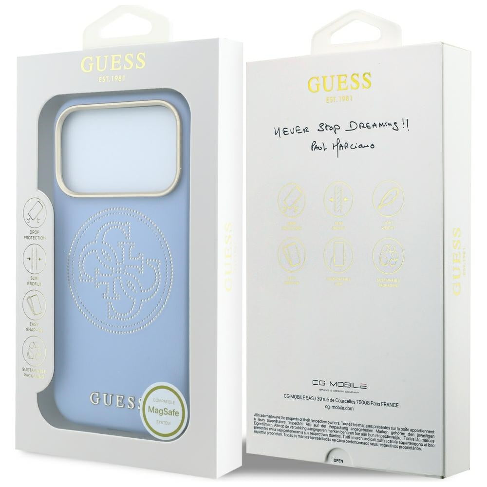 Husa MagSafe pentru Apple iPhone 18 Pro / 17 Pro, Guess, Perforated 4G, Bleu