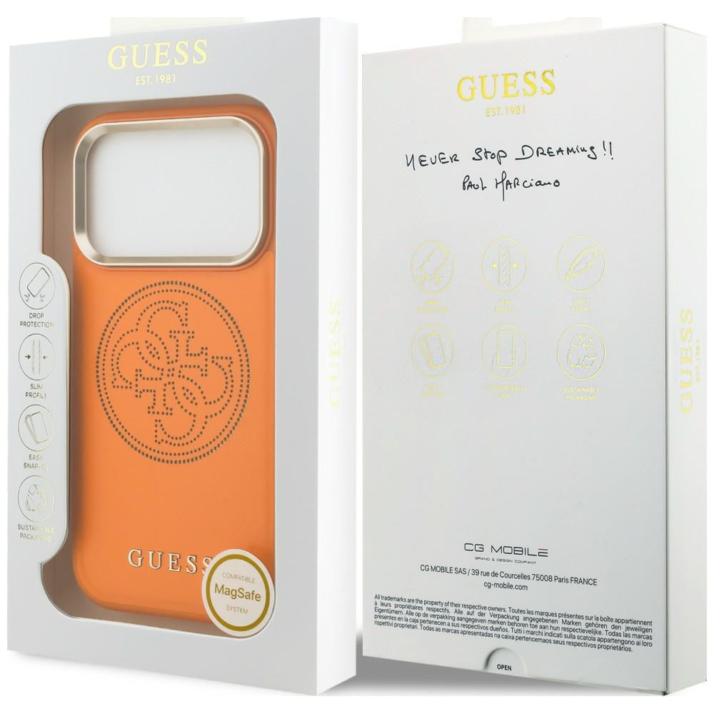 Husa MagSafe pentru Apple iPhone 18 Pro / 17 Pro, Guess, Perforated 4G, Portocalie
