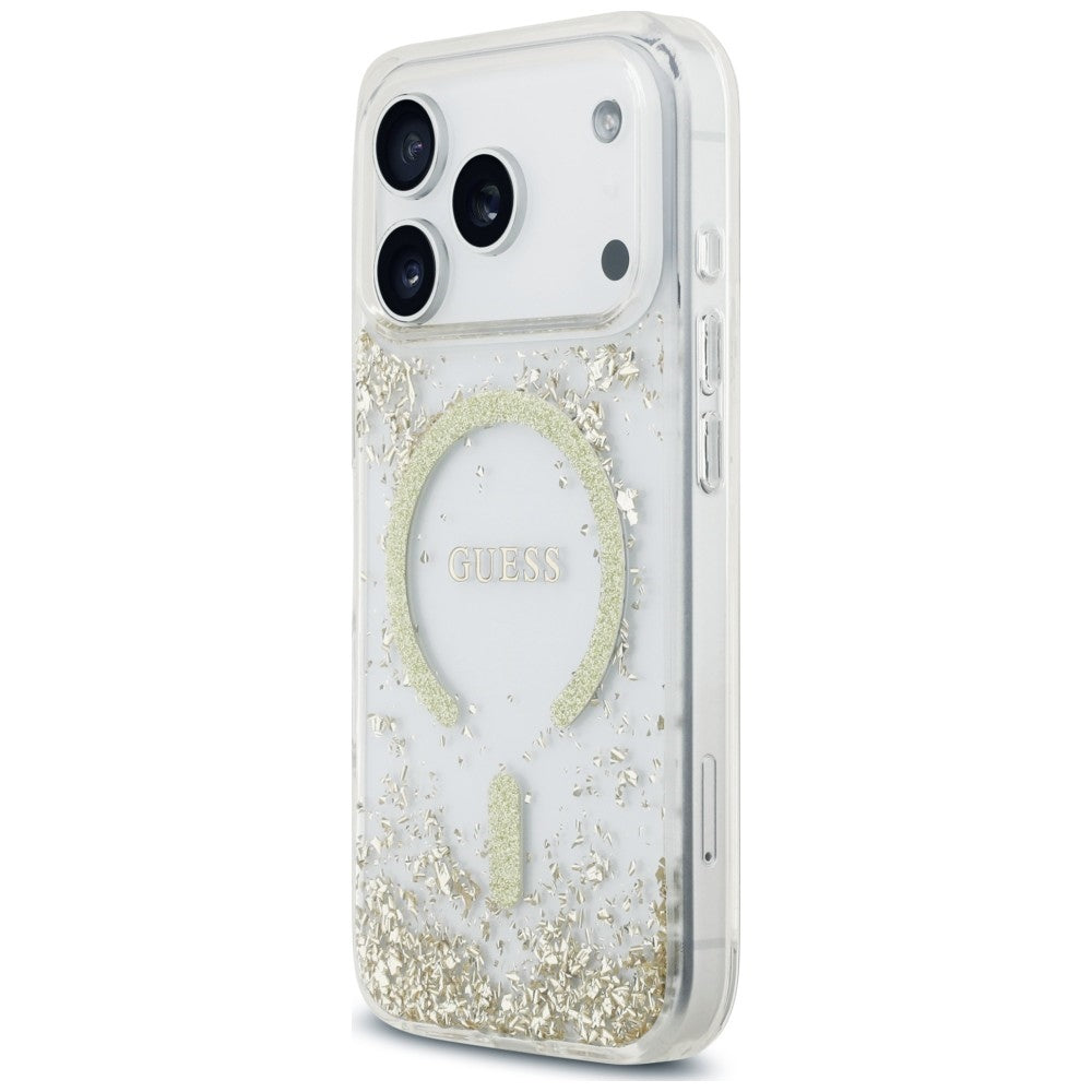 Husa MagSafe pentru Apple iPhone 18 Pro / 17 Pro, Guess, Resin Bottom Glitter, Aurie