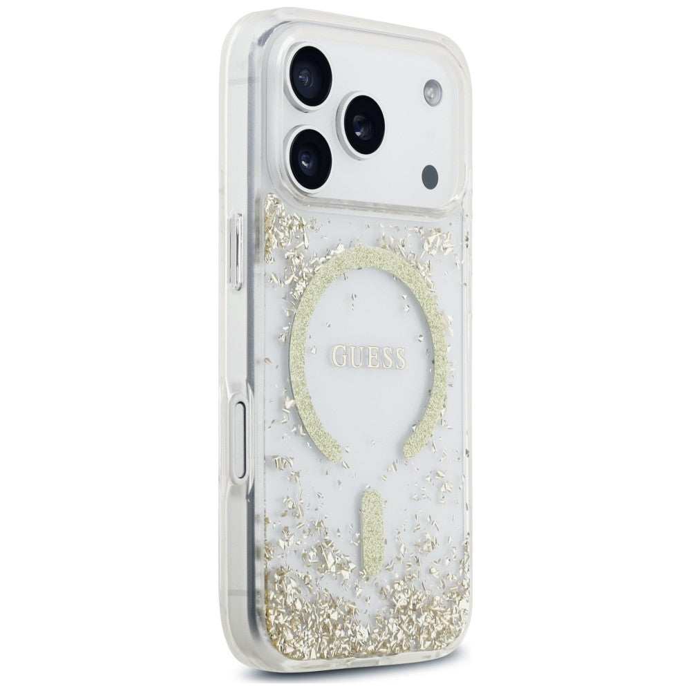 Husa MagSafe pentru Apple iPhone 18 Pro / 17 Pro, Guess, Resin Bottom Glitter, Aurie