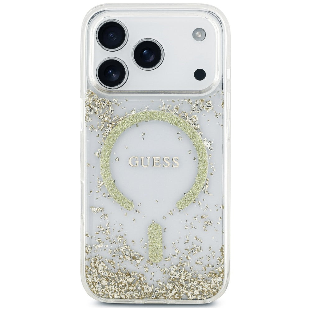 Husa MagSafe pentru Apple iPhone 18 Pro / 17 Pro, Guess, Resin Bottom Glitter, Aurie
