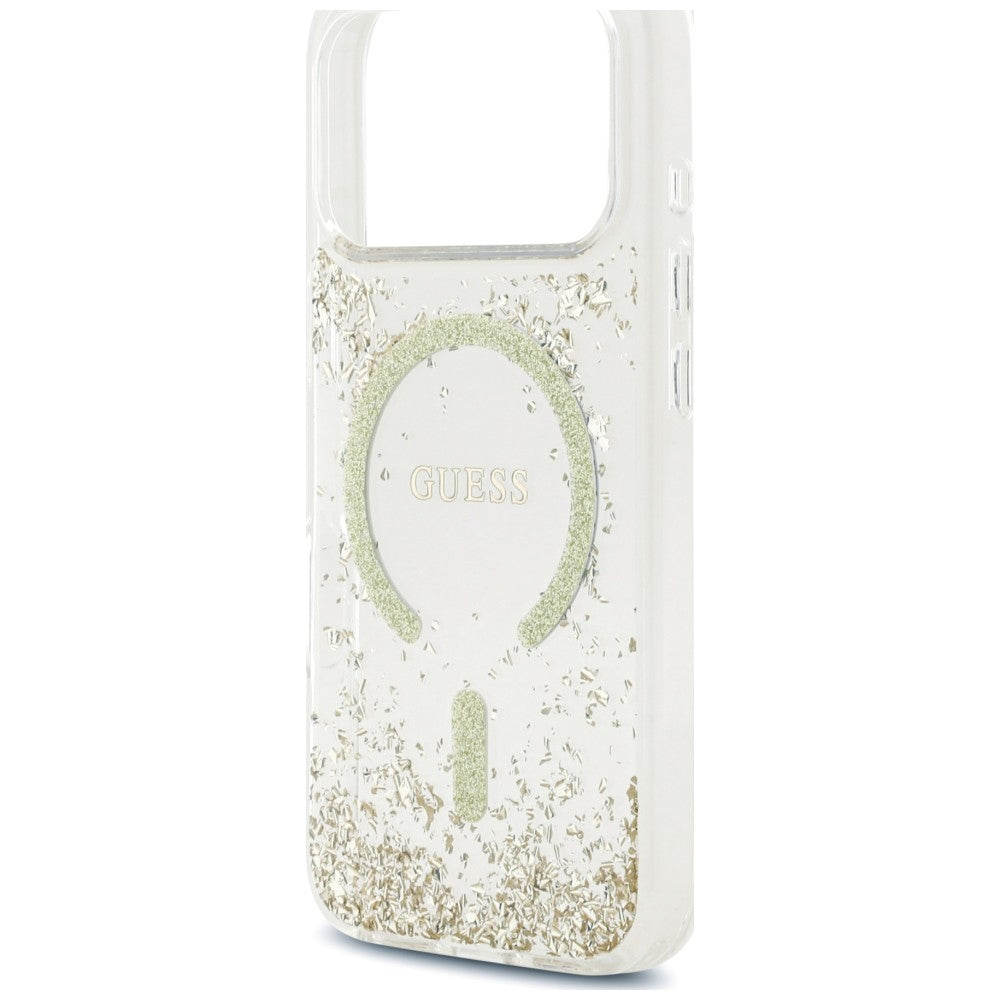 Husa MagSafe pentru Apple iPhone 18 Pro / 17 Pro, Guess, Resin Bottom Glitter, Aurie
