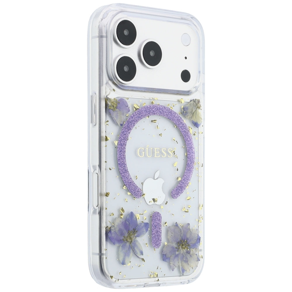 Husa MagSafe pentru Apple iPhone 18 Pro / 17 Pro, Guess, Resin Flowers and Glitter, Mov