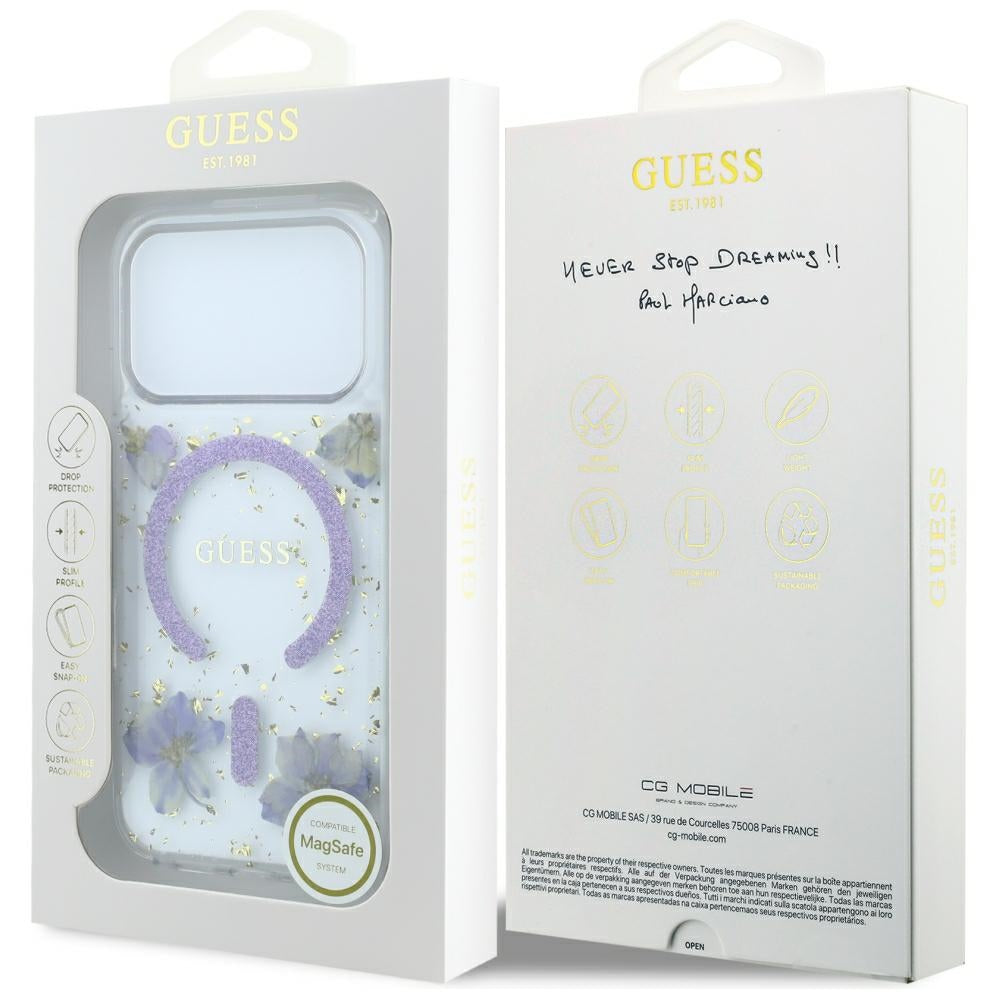 Husa MagSafe pentru Apple iPhone 18 Pro / 17 Pro, Guess, Resin Flowers and Glitter, Mov