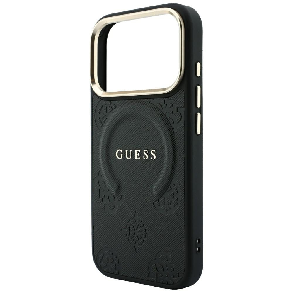 Husa MagSafe pentru Apple iPhone 18 Pro / 17 Pro, Guess, Saffiano Peony Ring, Neagra