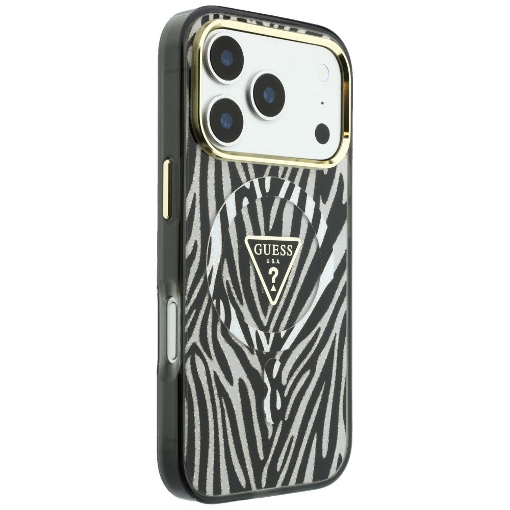 Husa MagSafe pentru Apple iPhone 18 Pro / 17 Pro, Guess, Zebra Glitter Triangle Logo, Argintie