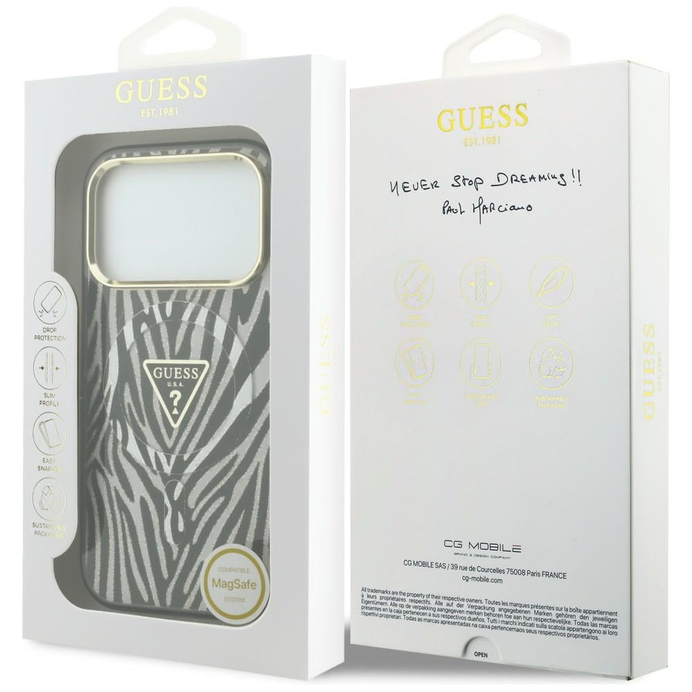 Husa MagSafe pentru Apple iPhone 18 Pro / 17 Pro, Guess, Zebra Glitter Triangle Logo, Argintie