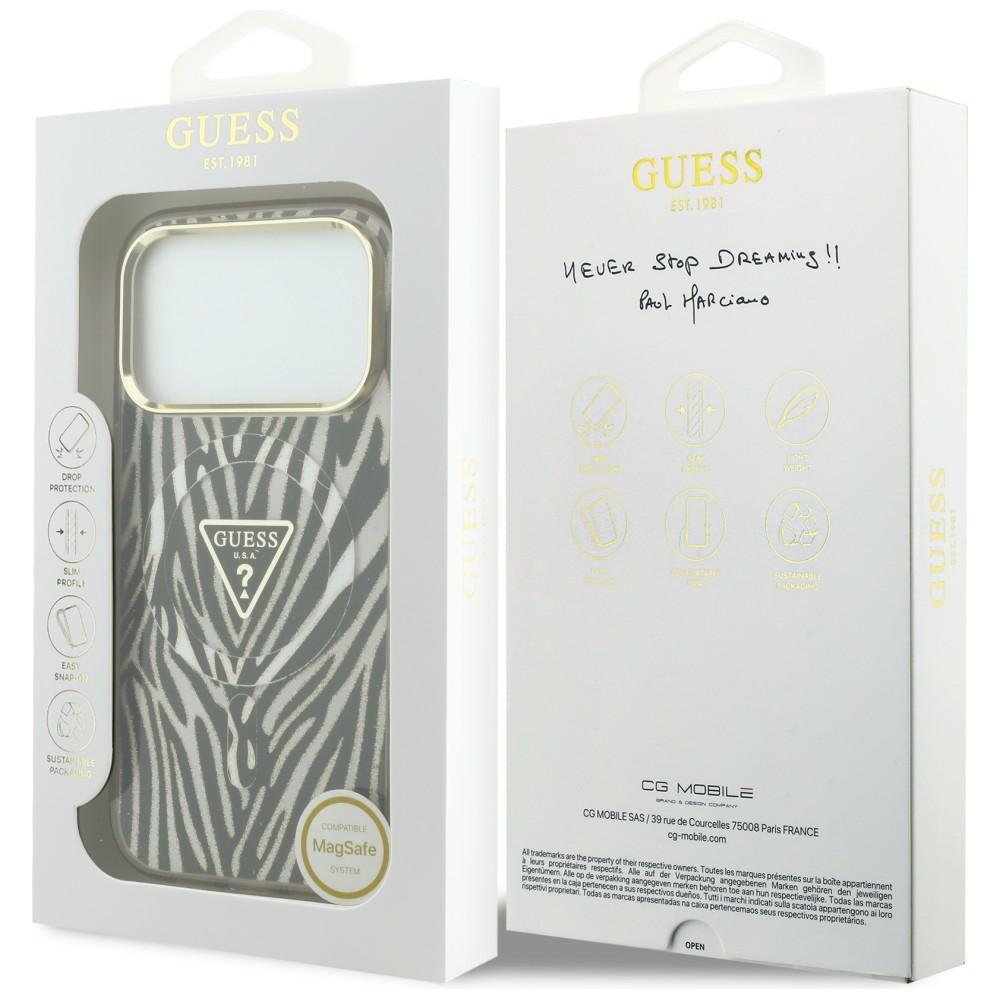 Husa MagSafe pentru Apple iPhone 18 Pro / 17 Pro, Guess, Zebra Glitter Triangle Logo, Aurie