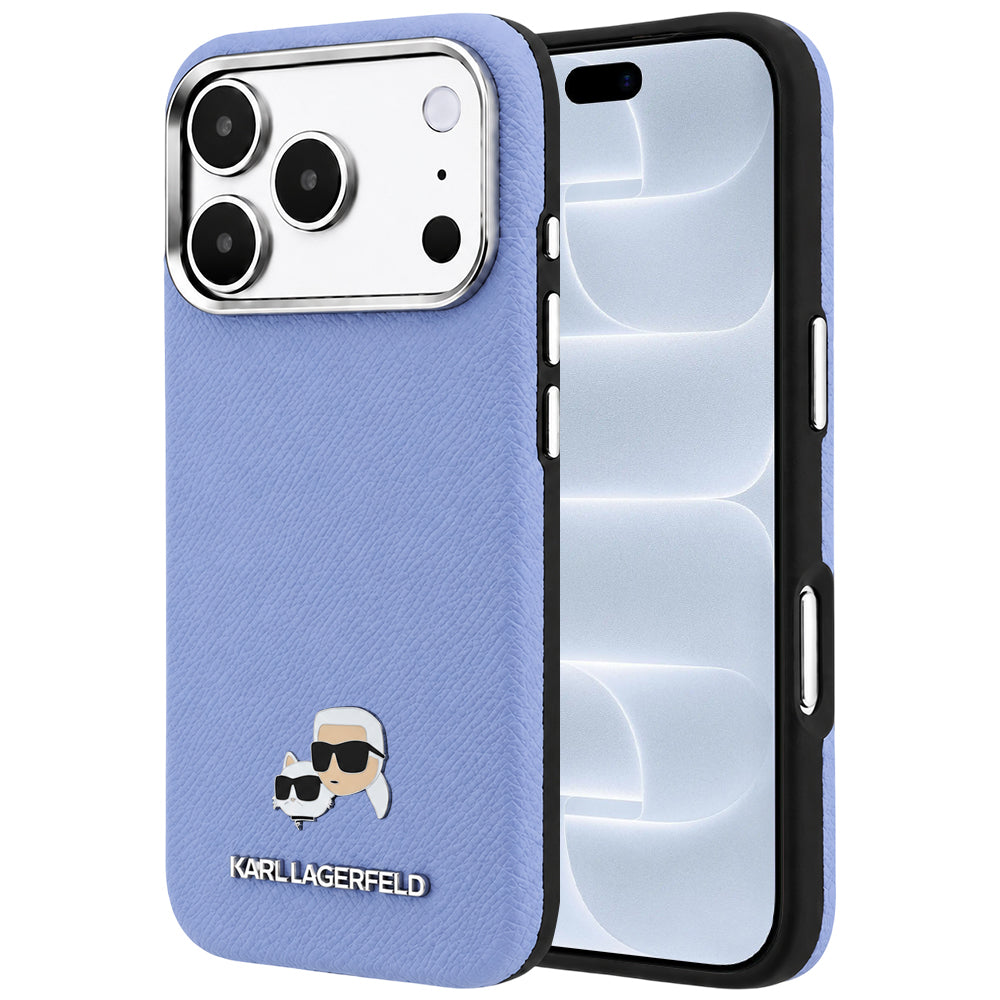 Husa MagSafe pentru Apple iPhone 18 Pro / 17 Pro, Karl Lagerfeld, Grained Karl & Choupette Head's Metal, Bleu