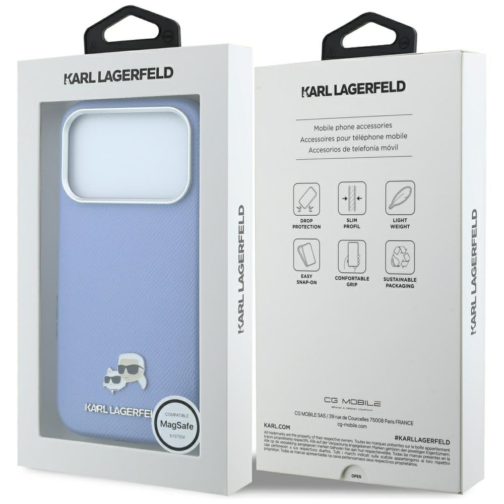 Husa MagSafe pentru Apple iPhone 18 Pro / 17 Pro, Karl Lagerfeld, Grained Karl & Choupette Head's Metal, Bleu