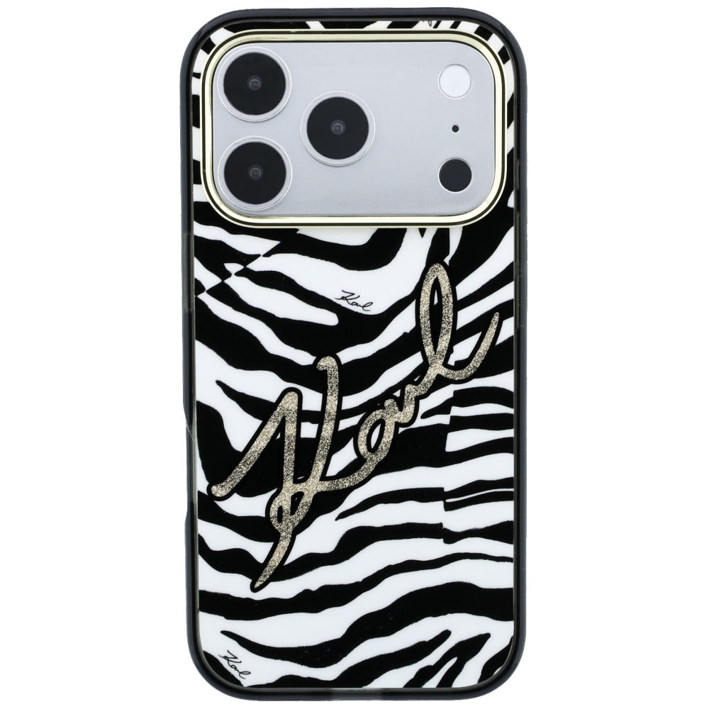 Husa MagSafe pentru Apple iPhone 18 Pro / 17 Pro, Karl Lagerfeld, HC IML Signature Zebra Glitter Gold, Neagra