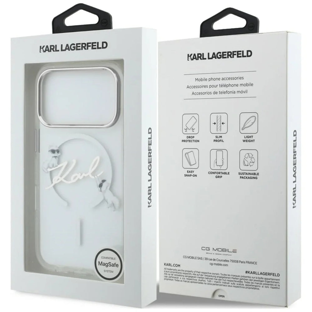 Husa MagSafe pentru Apple iPhone 18 Pro / 17 Pro, Karl Lagerfeld, IML Choupette Karl Script Logo, Transparenta