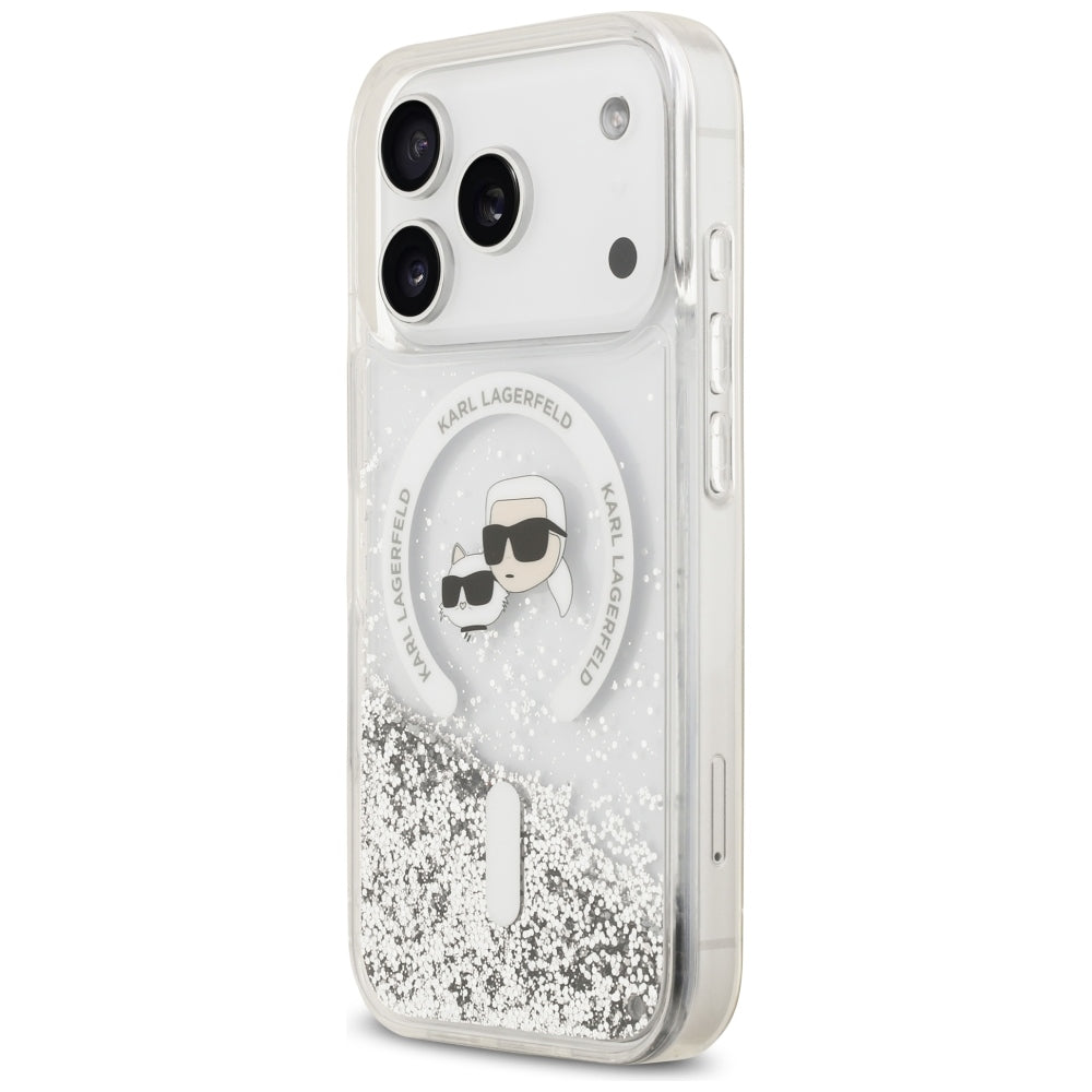 Husa MagSafe pentru Apple iPhone 18 Pro / 17 Pro, Karl Lagerfeld, Liquid Glitter Karl & Choupette Head's, Transparenta