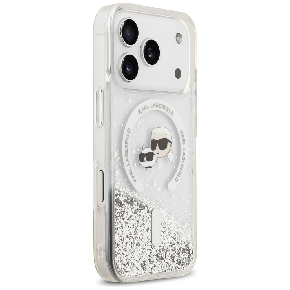 Husa MagSafe pentru Apple iPhone 18 Pro / 17 Pro, Karl Lagerfeld, Liquid Glitter Karl & Choupette Head's, Transparenta