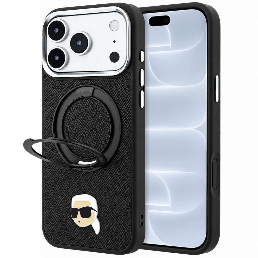 Husa MagSafe pentru Apple iPhone 18 Pro / 17 Pro, Karl Lagerfeld, Ring Stand 360 Karl Pin, Neagra