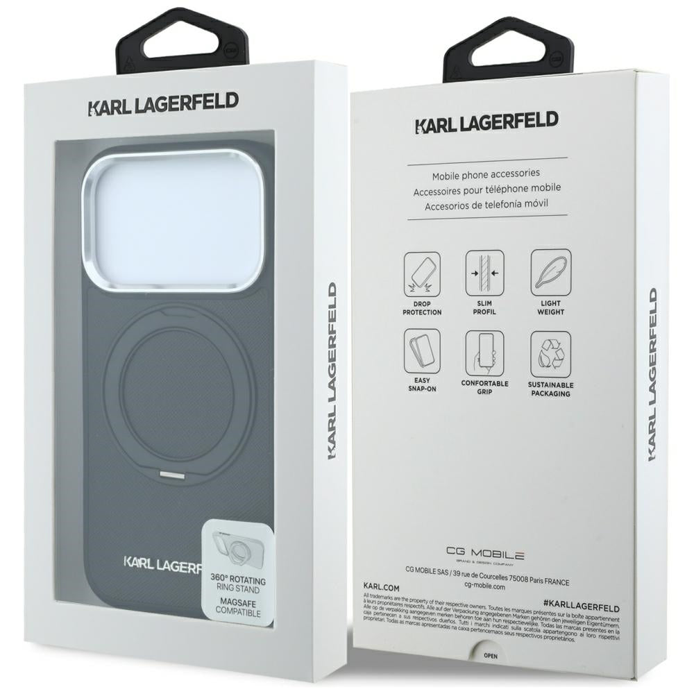 Husa MagSafe pentru Apple iPhone 18 Pro / 17 Pro, Karl Lagerfeld, Ring Stand 360 Saffiano, Neagra
