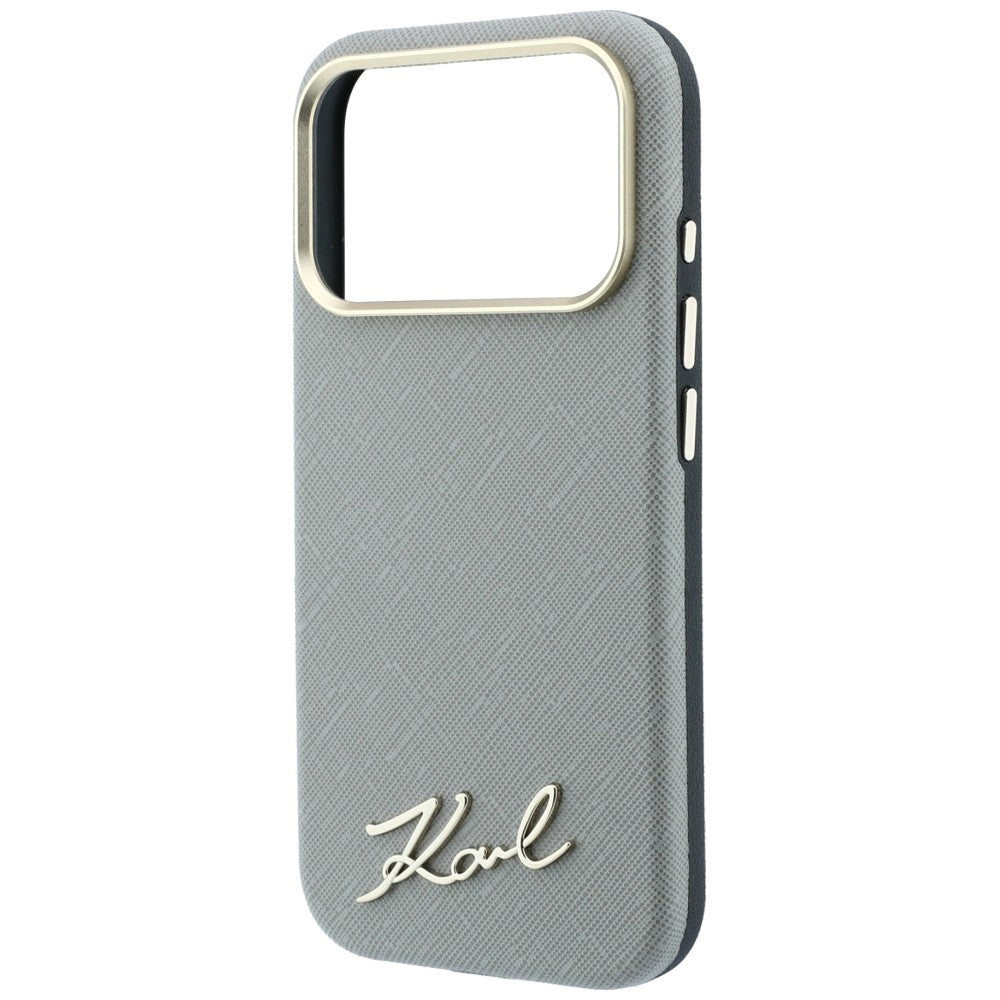 Husa MagSafe pentru Apple iPhone 18 Pro / 17 Pro, Karl Lagerfeld, Saffiano Small Script Metal Logo, Gri Bej