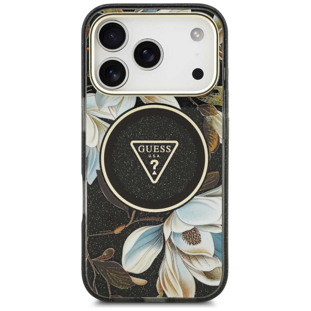 Husa MagSafe pentru Apple iPhone 18 Pro, Guess, IML Metal Glitter Flowers Triangle, Neagra