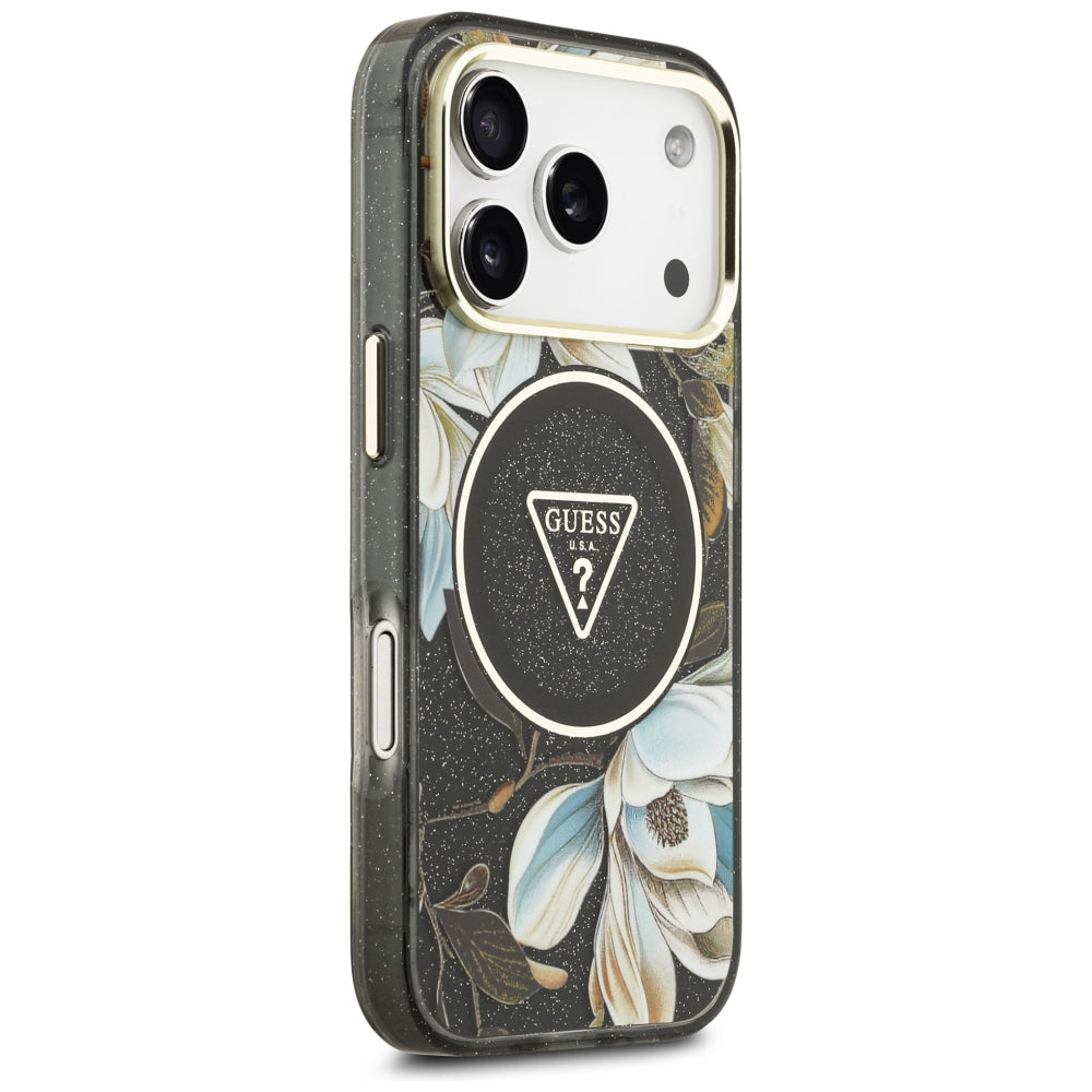 Husa MagSafe pentru Apple iPhone 18 Pro, Guess, IML Metal Glitter Flowers Triangle, Neagra