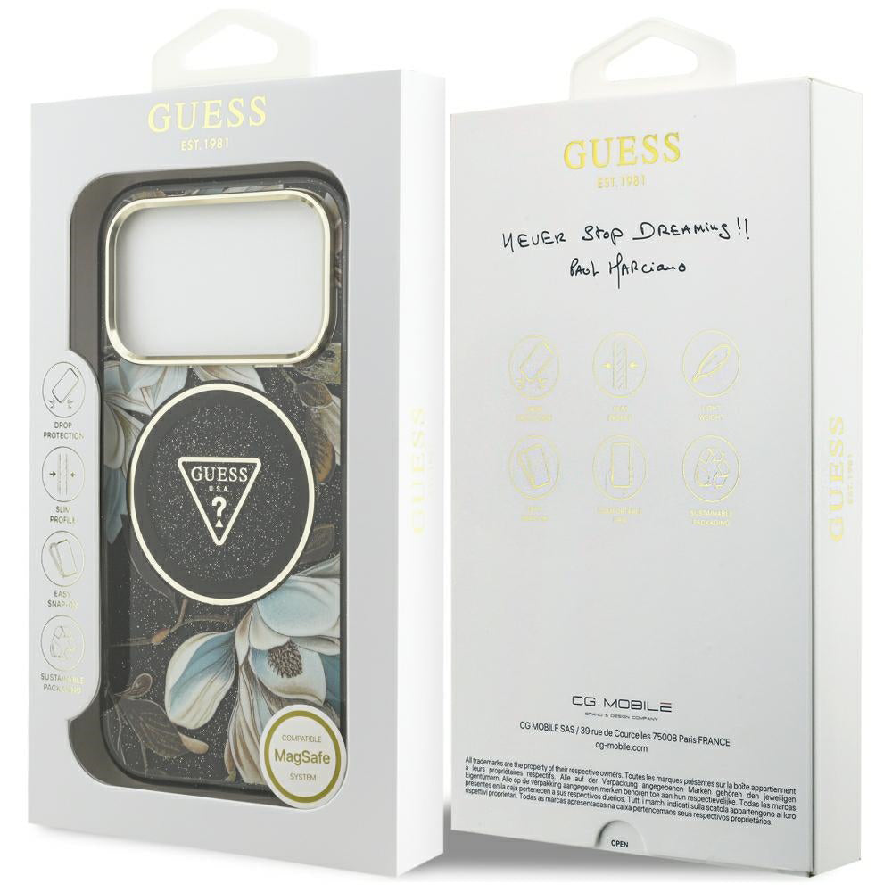 Husa MagSafe pentru Apple iPhone 18 Pro, Guess, IML Metal Glitter Flowers Triangle, Neagra