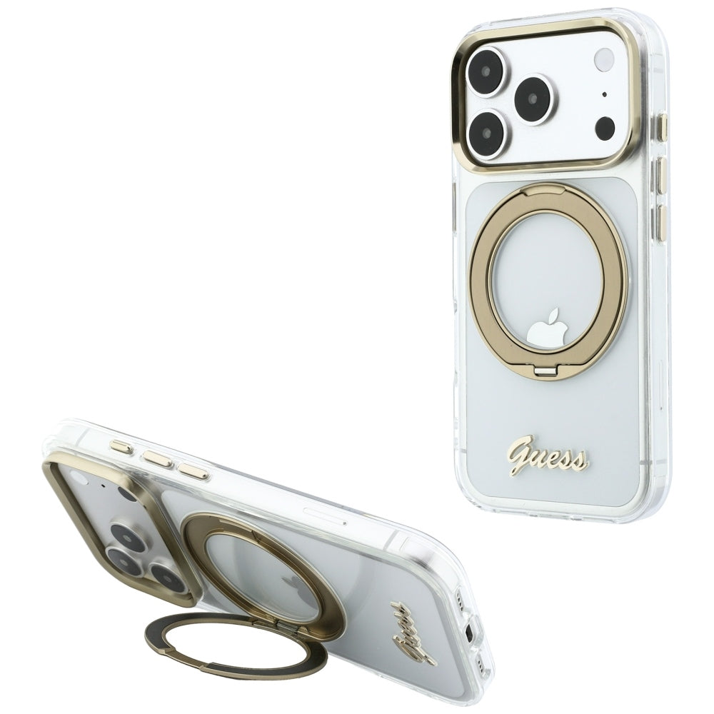 Husa MagSafe pentru Apple iPhone 18 Pro, Guess, Ring Stand Script Metal Logo, Transparenta