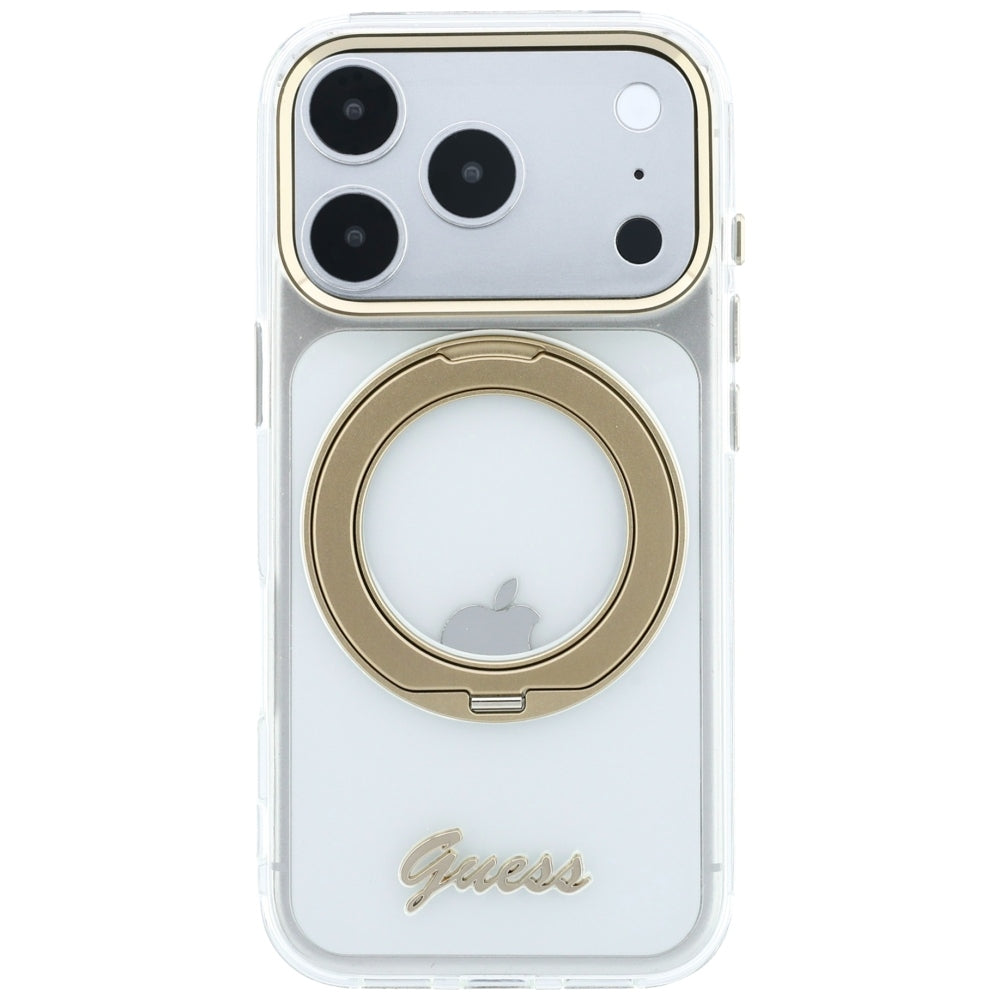 Husa MagSafe pentru Apple iPhone 18 Pro, Guess, Ring Stand Script Metal Logo, Transparenta