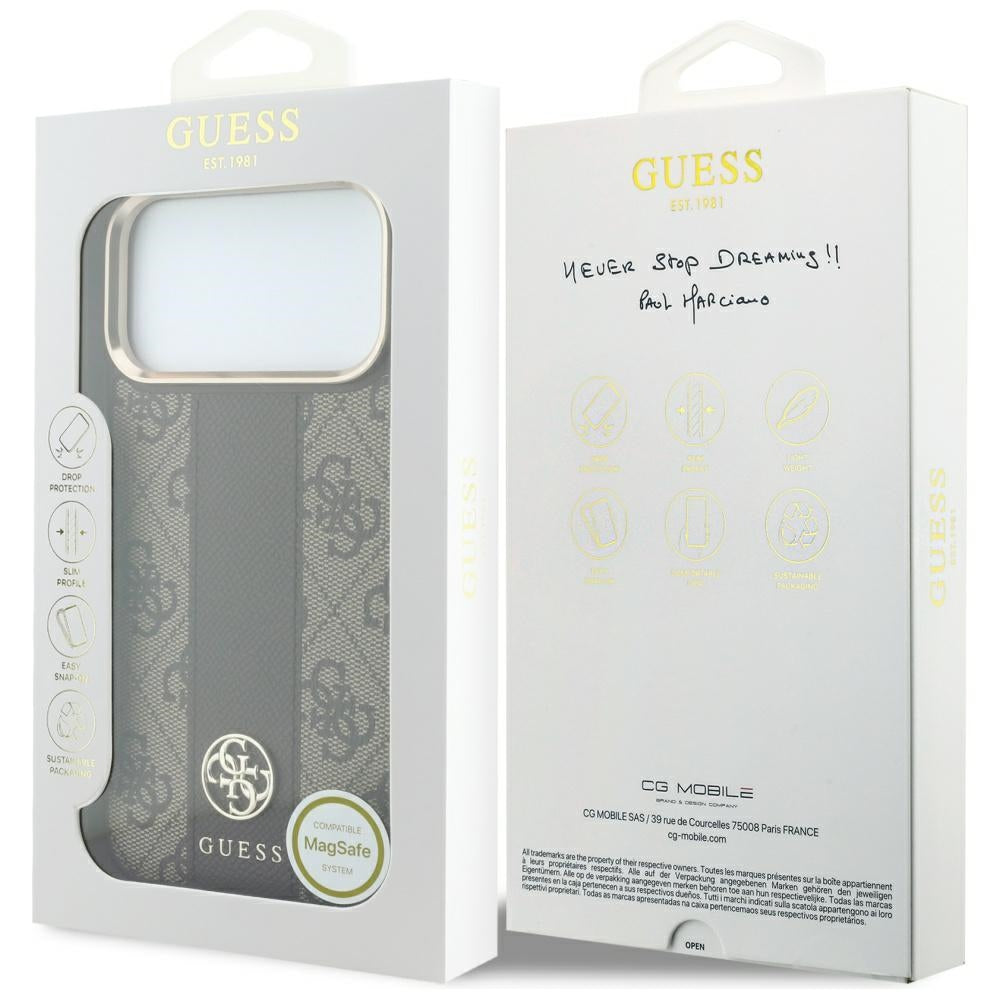 Husa MagSafe pentru Apple iPhone 18 Pro Max / 17 Pro Max, Guess, 4G Stripe Round Classic Logo, Maro