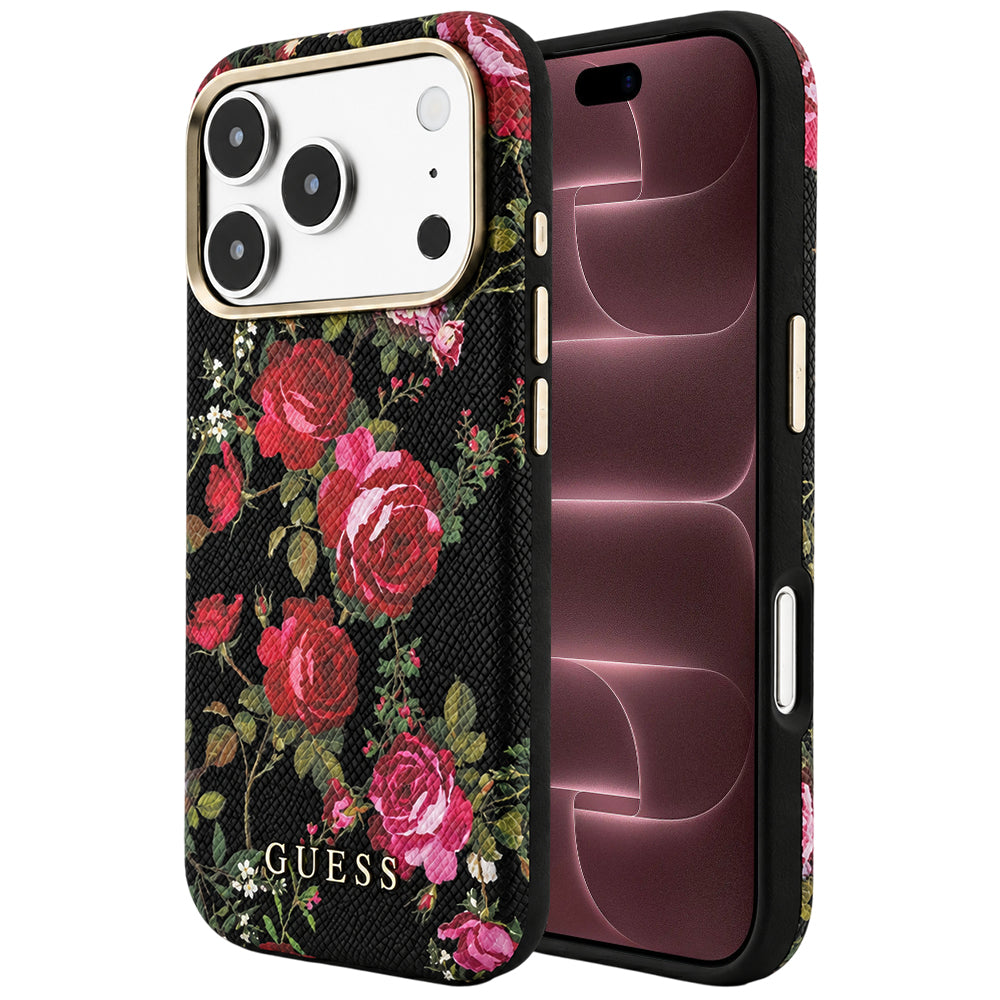 Husa MagSafe pentru Apple iPhone 18 Pro Max / 17 Pro Max, Guess, Blossom Roses Print, Neagra