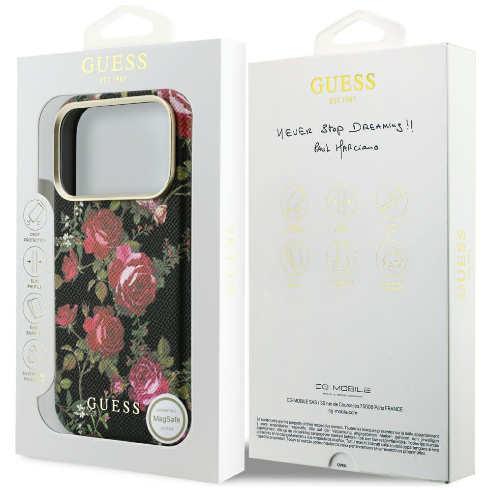 Husa MagSafe pentru Apple iPhone 18 Pro Max / 17 Pro Max, Guess, Blossom Roses Print, Neagra