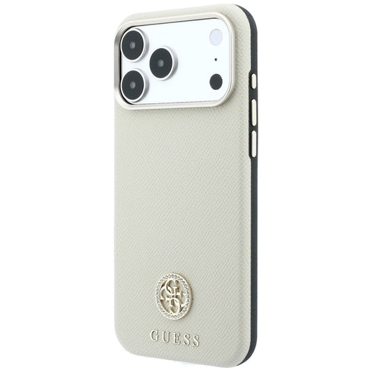 Husa MagSafe pentru Apple iPhone 18 Pro Max / 17 Pro Max, Guess, Grained Round Strass Logo, Bej
