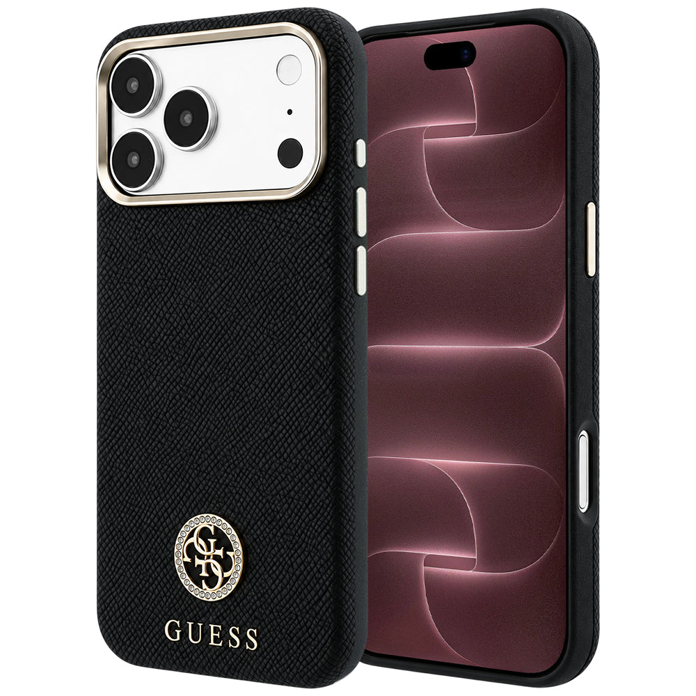 Husa MagSafe pentru Apple iPhone 18 Pro Max / 17 Pro Max, Guess, Grained Round Strass Logo, Neagra