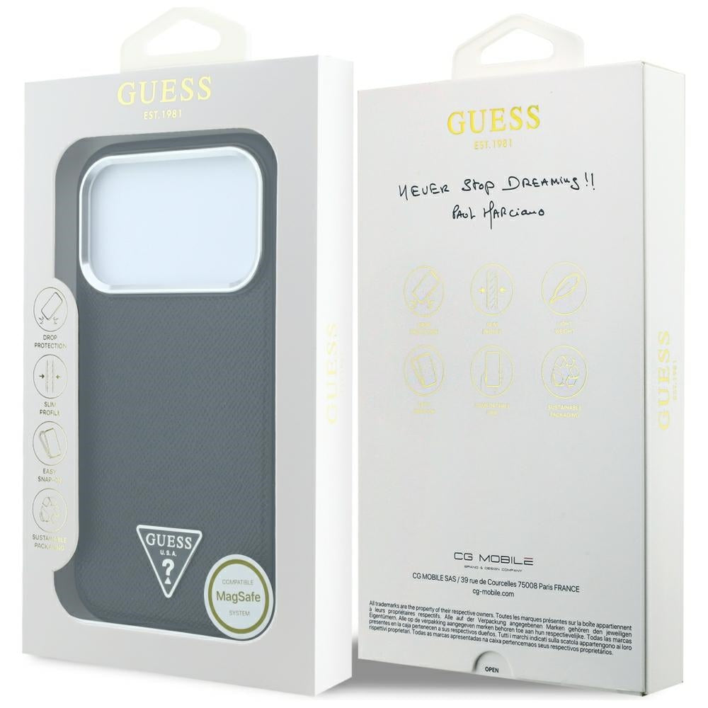 Husa MagSafe pentru Apple iPhone 18 Pro Max / 17 Pro Max, Guess, Grained Triangle Logo, Neagra