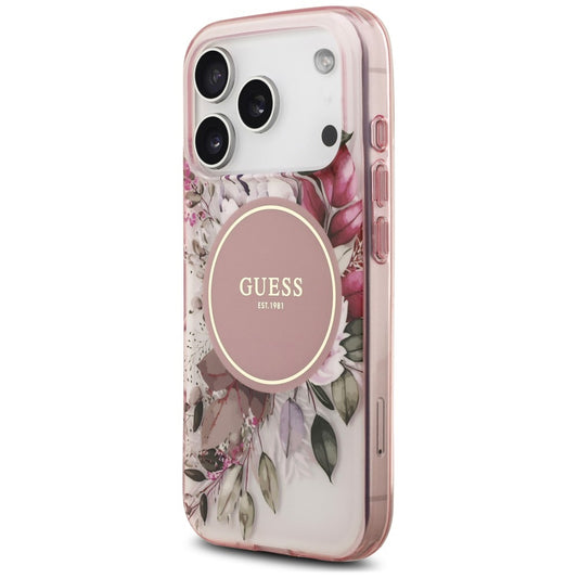 Husa MagSafe pentru Apple iPhone 18 Pro Max / 17 Pro Max, Guess, IML Flower & Tonal Circle, Roz