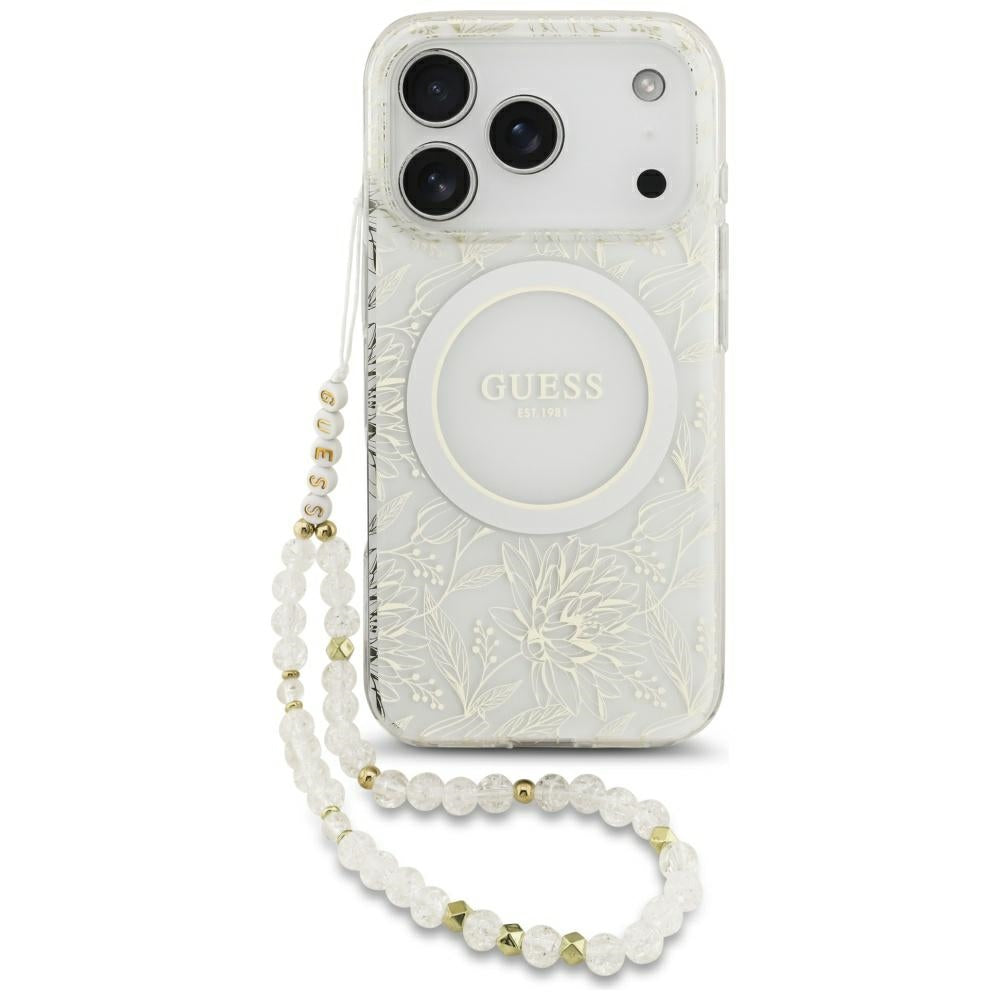 Husa MagSafe pentru Apple iPhone 18 Pro Max / 17 Pro Max, Guess, IML Flowers Electroplated with Pearl Strap, Alba
