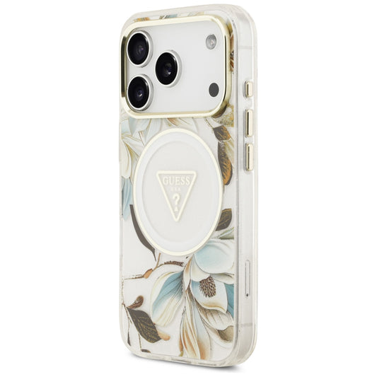 Husa MagSafe pentru Apple iPhone 18 Pro Max / 17 Pro Max, Guess, IML Metal Glitter Flowers Triangle, Alba