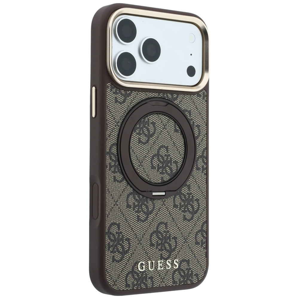 Husa MagSafe pentru Apple iPhone 18 Pro Max / 17 Pro Max, Guess, Ring Stand 360 4G Classic Logo, Maro
