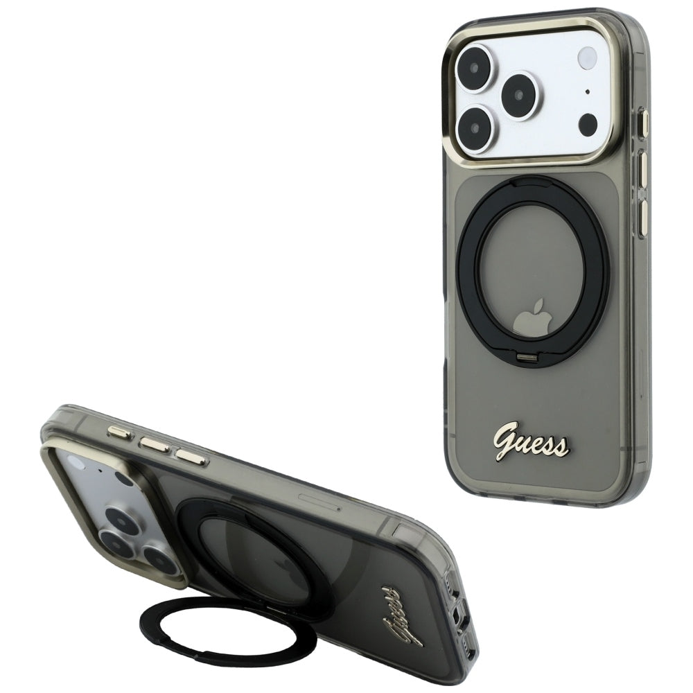 Husa MagSafe pentru Apple iPhone 18 Pro Max / 17 Pro Max, Guess, Ring Stand Script Metal Logo, Neagra