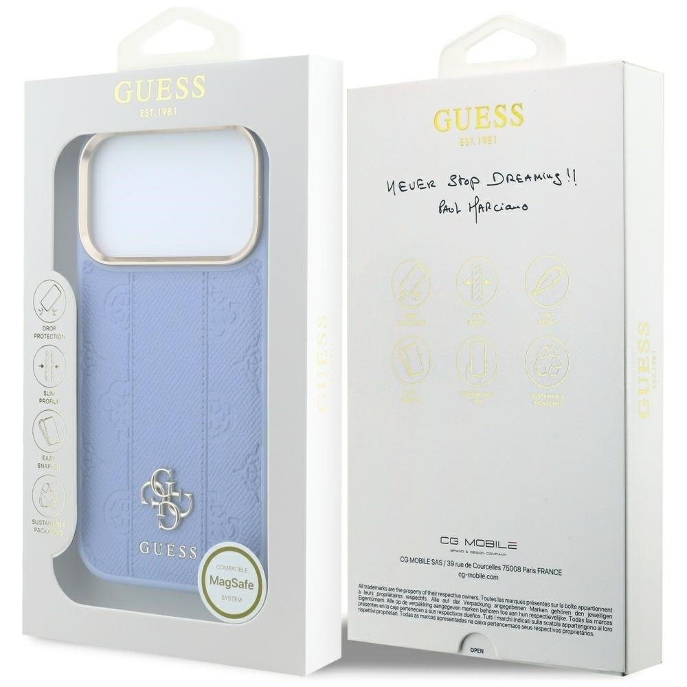 Husa MagSafe pentru Apple iPhone 18 Pro Max / 17 Pro Max, Guess, Stripe Peony 4G, Bleu