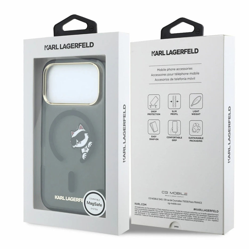 Husa MagSafe pentru Apple iPhone 18 Pro Max / 17 Pro Max, Karl Lagerfeld, IML Peekaboo Print and Metal Frame, Neagra