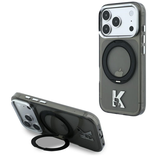 Husa MagSafe pentru Apple iPhone 18 Pro Max / 17 Pro Max, Karl Lagerfeld, IML Ring Stand Kameo Metal, Neagra