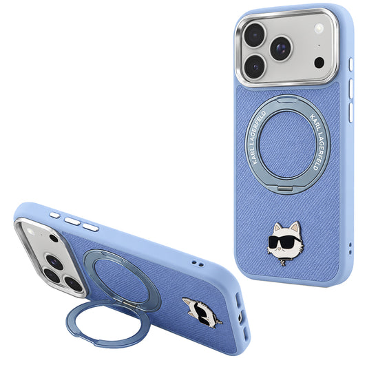 Husa MagSafe pentru Apple iPhone 18 Pro Max / 17 Pro Max, Karl Lagerfeld, Saffiano Ring Stand 360 Choupette Pin, Bleu