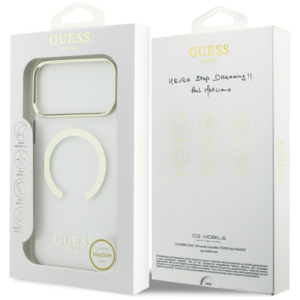 Husa MagSafe pentru Apple iPhone 18 Pro Max, Guess, Metal Outline, Aurie