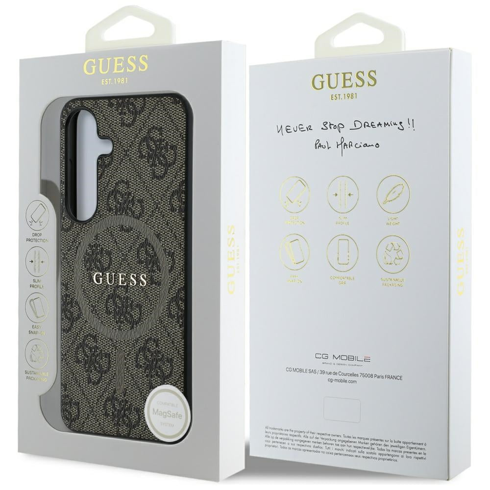 Husa MagSafe pentru Samsung Galaxy S25 S931, Guess, 4G Ring Classic Logo, Maro