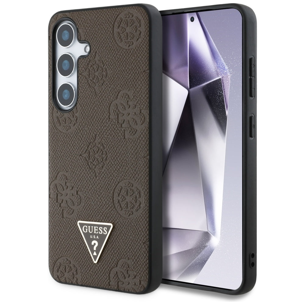Husa MagSafe pentru Samsung Galaxy S25 S931, Guess, Peony Grained Hot Stamp Triangle , Maro