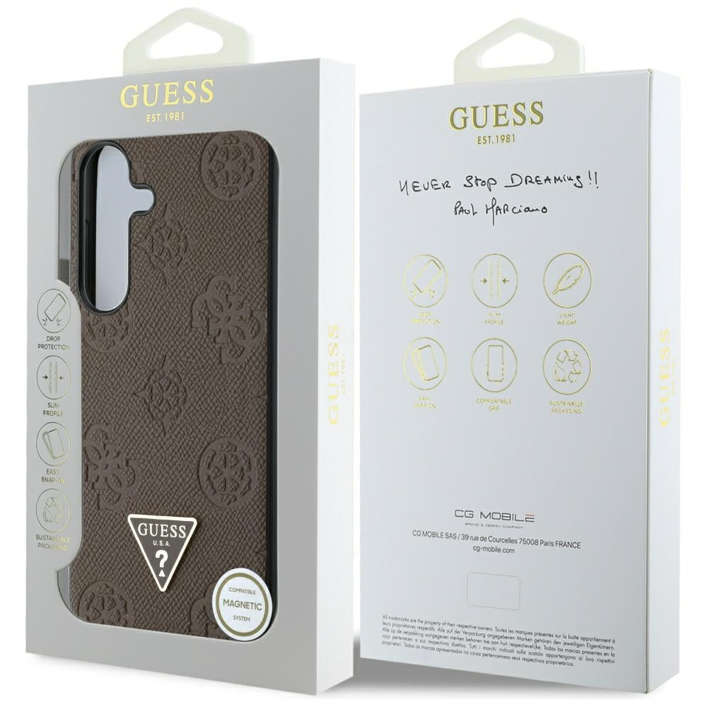 Husa MagSafe pentru Samsung Galaxy S25 S931, Guess, Peony Grained Hot Stamp Triangle , Maro