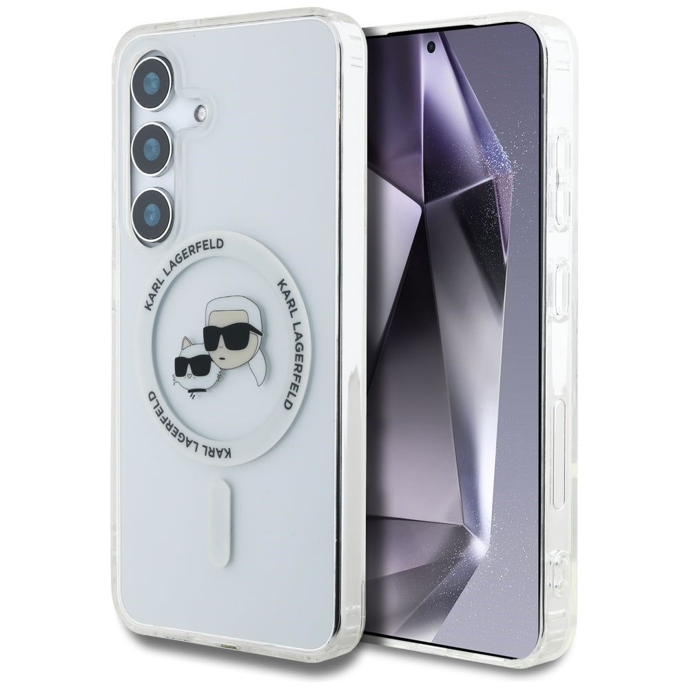 Husa MagSafe pentru Samsung Galaxy S25 S931, Karl Lagerfeld, IML Metal Karl & Choupette's Heads, Alba