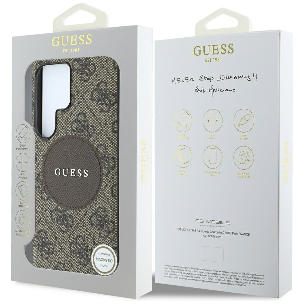 Husa MagSafe pentru Samsung Galaxy S25 Ultra S938, Guess, 4G Circle Classic Logo, Maro