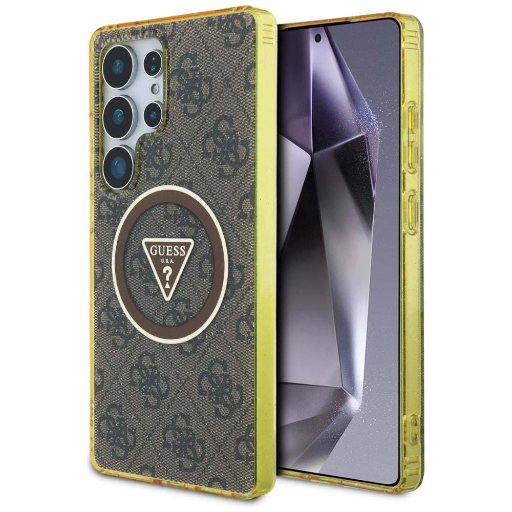 Husa MagSafe pentru Samsung Galaxy S25 Ultra S938, Guess, IML Glitter 4G Circle Triangle, Maro