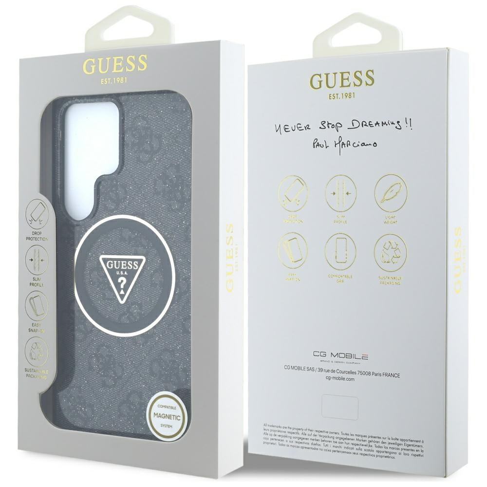 Husa MagSafe pentru Samsung Galaxy S25 Ultra S938, Guess, IML Glitter 4G Circle Triangle, Neagra
