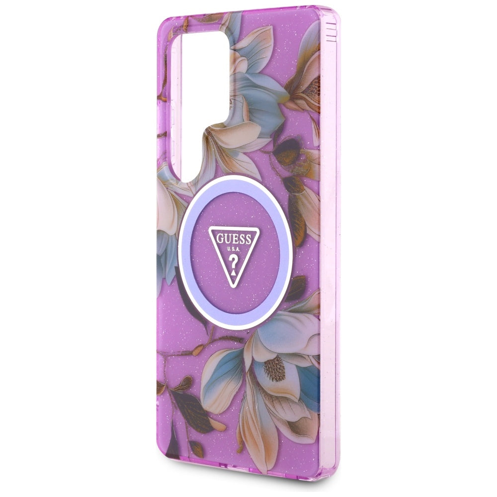 Husa MagSafe pentru Samsung Galaxy S25 Ultra S938, Guess, IML Metal Glitter Flowers Triangle, Mov